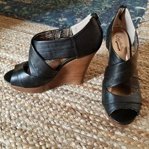 Anthropolgie black leather wedges